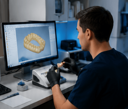 Técnico dental escaneando un modelo 3D en pantalla